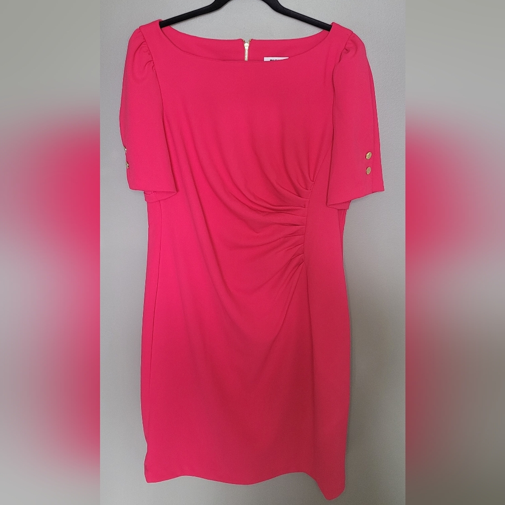 DKNY Ruched Puff Sleeve Pink Sheath Dress 16 Gold Accents